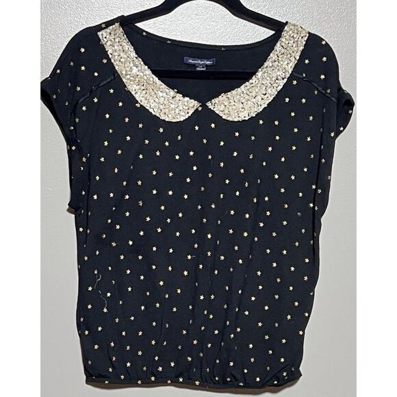 American‎ Eagle Size Medium Gold Star and Sequin Collar short sleeve shirt Black - Picture 1 of 5